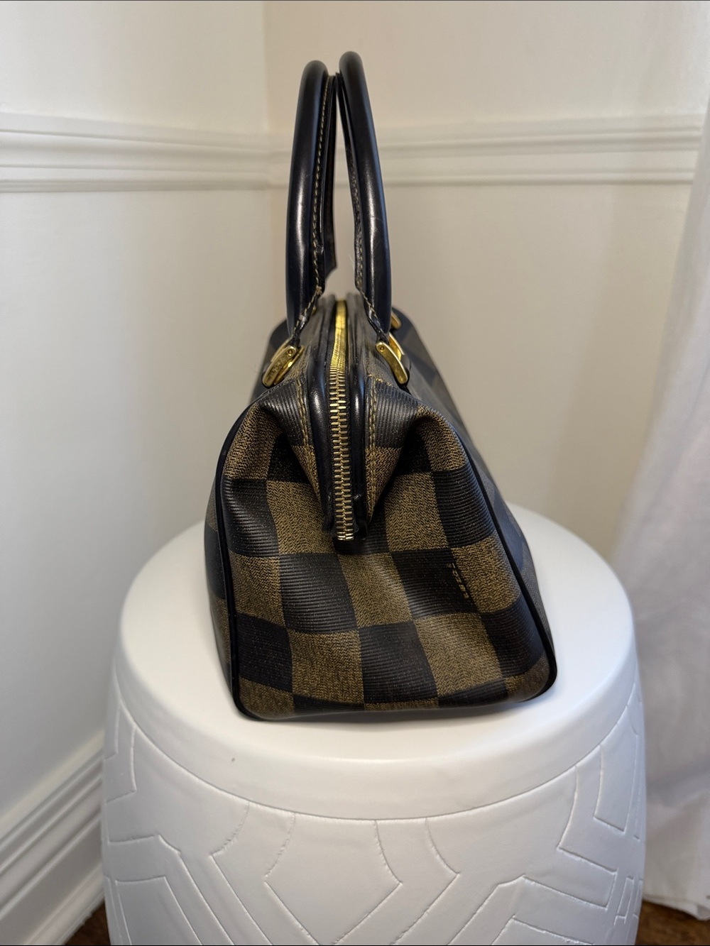 Fendi Brown and Black Checker Boston Bag - Picture 5 of 10